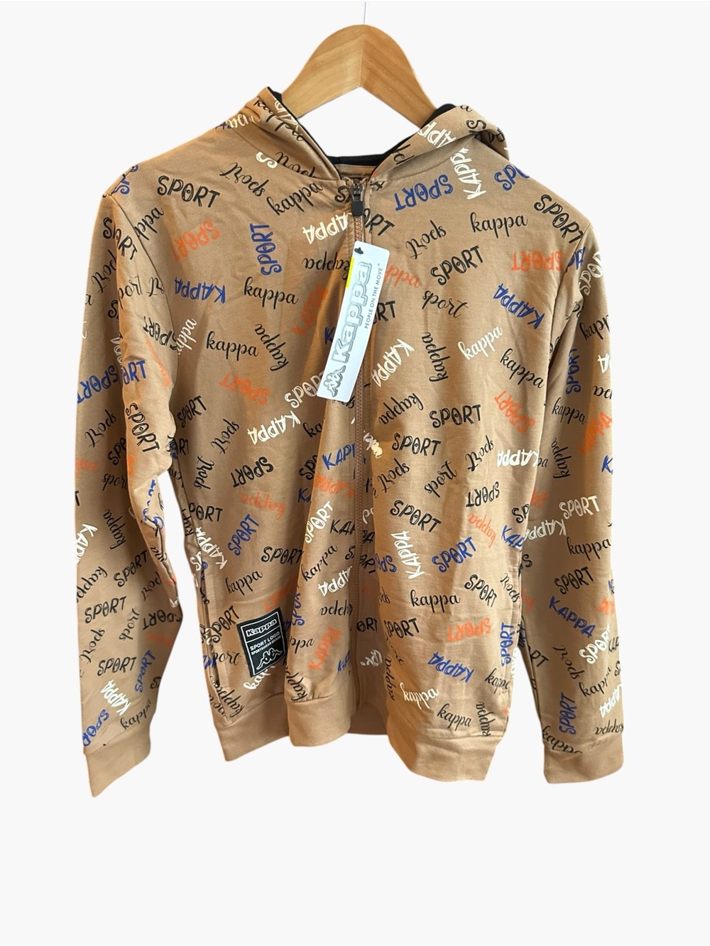 Kappa Kids Hoodie 14Y Tan All Over Logo Print Full Zip NWT